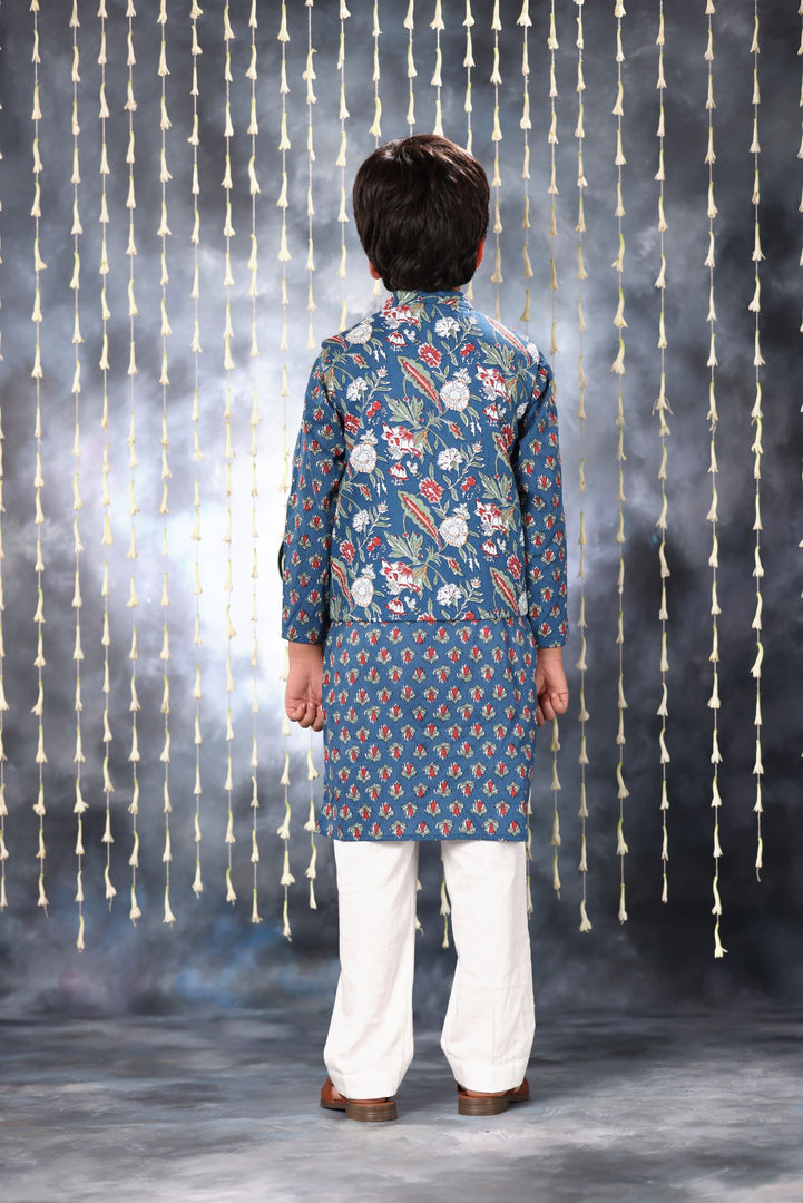 Blue Jaipuri Handblock Buti Print Kurta with White Pant Co-ord Set and Blue Floral Jacket