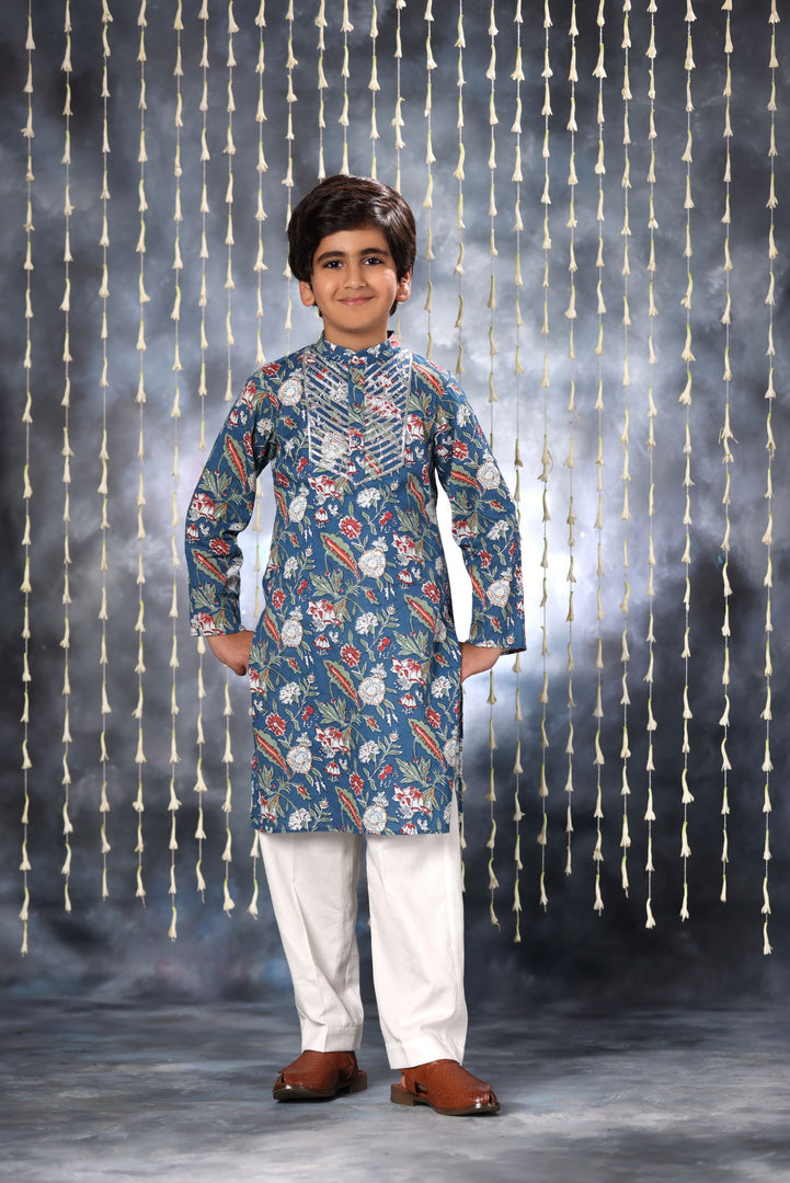 Blue Jaipuri Handblock Floral Print Kurta with white Pant Co-ord Set