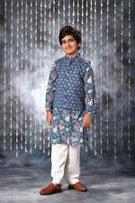 Load image into Gallery viewer, Blue Jaipuri Handblock Floral Print Kurta with white Pant Co-ord Set and Blue Buti Jacket
