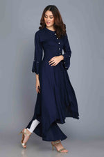 Load image into Gallery viewer, Navy Blue Anarkali Style Rayon Kurti