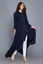 Load image into Gallery viewer, Navy Blue Anarkali Style Rayon Kurti
