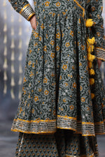 Load image into Gallery viewer, Grey Jaipuri Double Print Anarkali with Palazzo Suit Set
