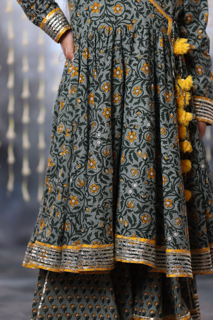 Grey Jaipuri Double Print Anarkali with Palazzo Suit Set