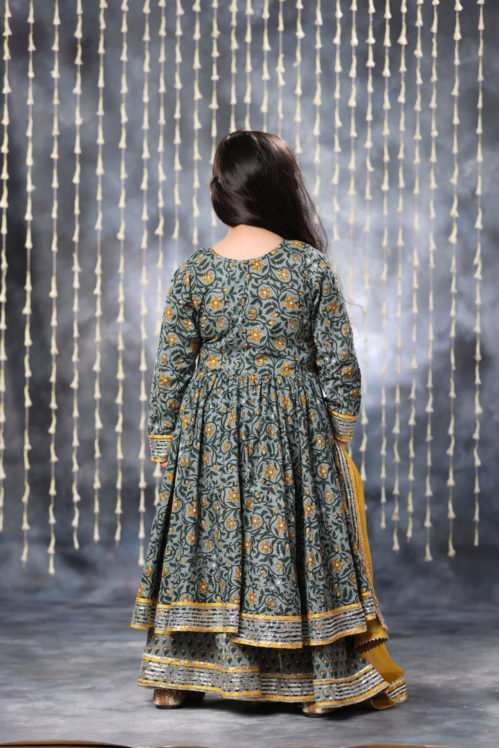 Grey Jaipuri Double Print Anarkali with Palazzo Suit Set