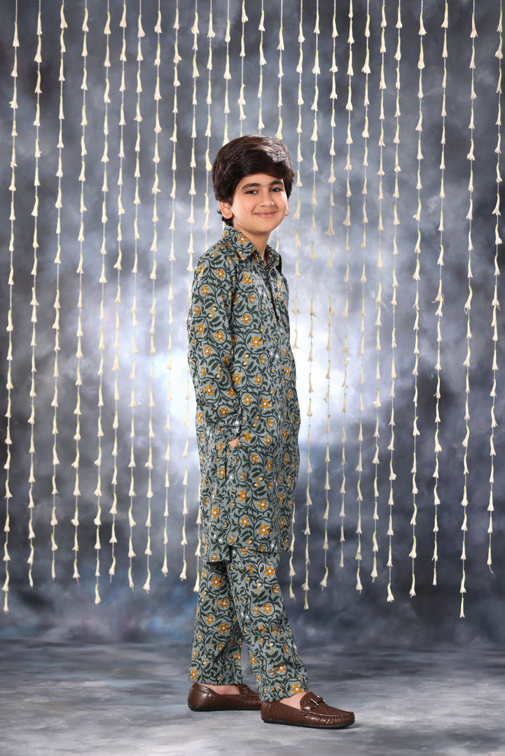 Grey Jaipuri Handblock Floral Single Print Co-ord Kurta Set