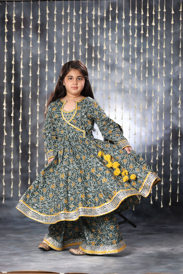 Grey Jaipuri Single Print Anarkali with Palazzo Suit Set