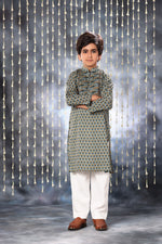 Load image into Gallery viewer, Grey Pintucks Neck Panel Kurta with White Pant Co-ord Set
