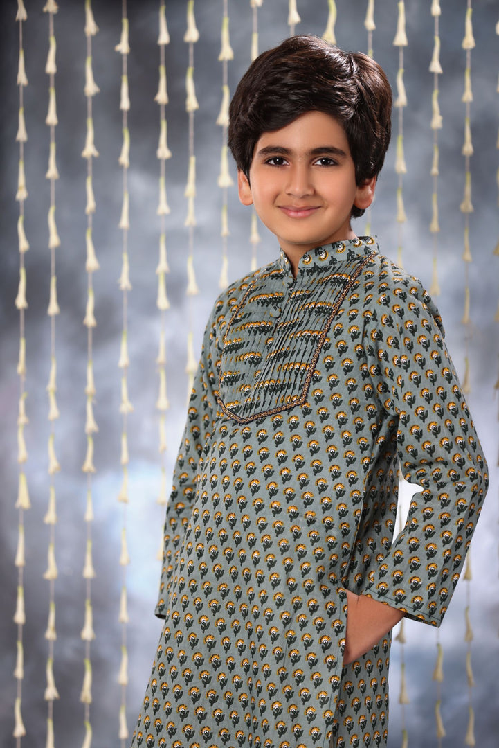 Grey Pintucks Neck Panel Kurta with White Pant Co-ord Set