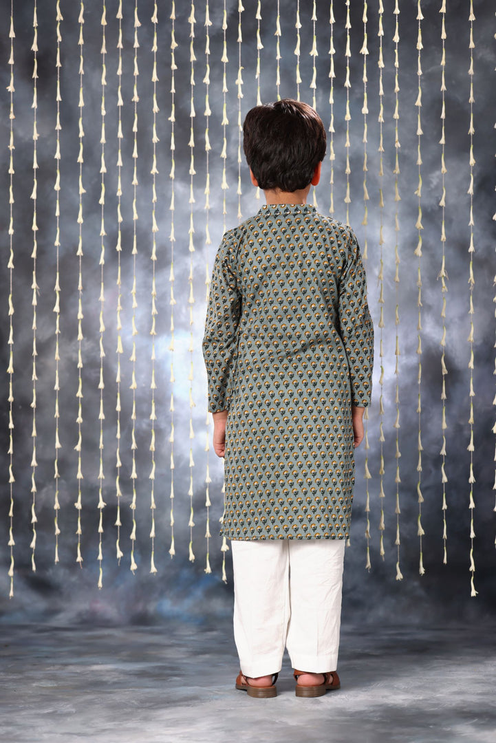 Grey Pintucks Neck Panel Kurta with White Pant Co-ord Set