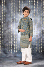 Load image into Gallery viewer, Grey Pintucks Neck Panel Kurta with White Pant Co-ord Set and Grey Jacket
