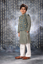 Load image into Gallery viewer, Grey Pintucks Neck Panel Kurta with White Pant Co-ord Set and Grey Jacket
