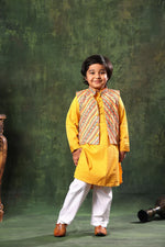 Load image into Gallery viewer, Linear Print Jacket with Mustard Kurta and White Pyjama