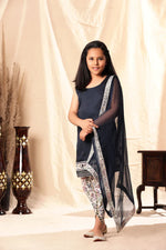 Load image into Gallery viewer, Navy Blue Pearl Border Kurta with Floral Print Dhoti Salwar Set