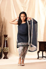 Load image into Gallery viewer, Navy Blue Pearl Border Kurta with Floral Print Dhoti Salwar Set