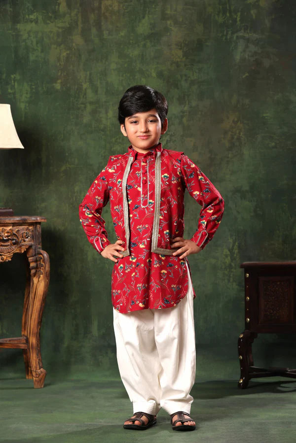 Floral Print Jacket On Red Printed Kurta And Salwar