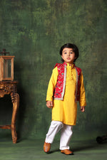 Load image into Gallery viewer, Red Floral Print Jacket With Mustard Kurta Set