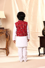Load image into Gallery viewer, Red Floral Print Jacket with White Kurta Set