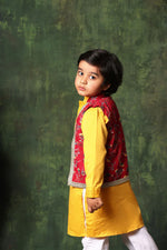 Load image into Gallery viewer, Red Floral Print Jacket With Mustard Kurta Set
