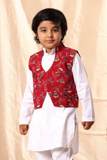 Load image into Gallery viewer, Red Floral Print Jacket with White Kurta Set