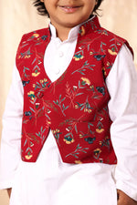 Load image into Gallery viewer, Red Floral Print Jacket with White Kurta Set