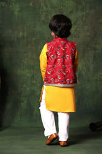 Load image into Gallery viewer, Red Floral Print Jacket With Mustard Kurta Set