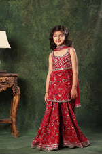 Load image into Gallery viewer, Red Floral Print Frock Suit and Palazzo Suit Set
