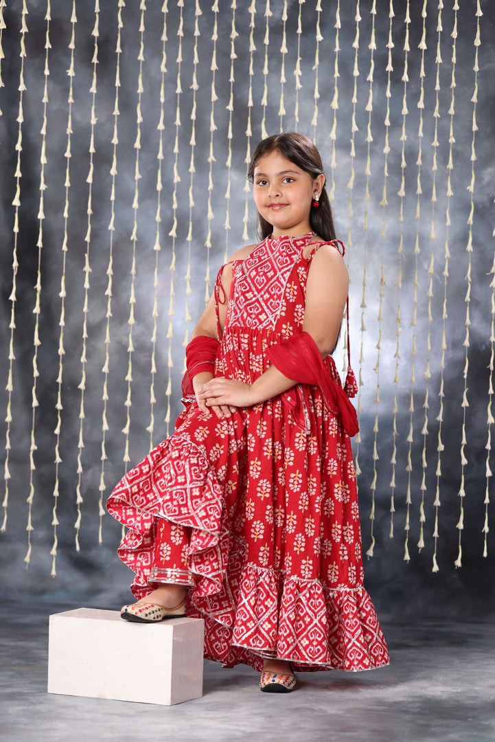 Red Jaipuri Double Print Long Kurta Frock Suit Set