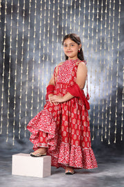Red Jaipuri Double Print Long Kurta Frock Suit Set