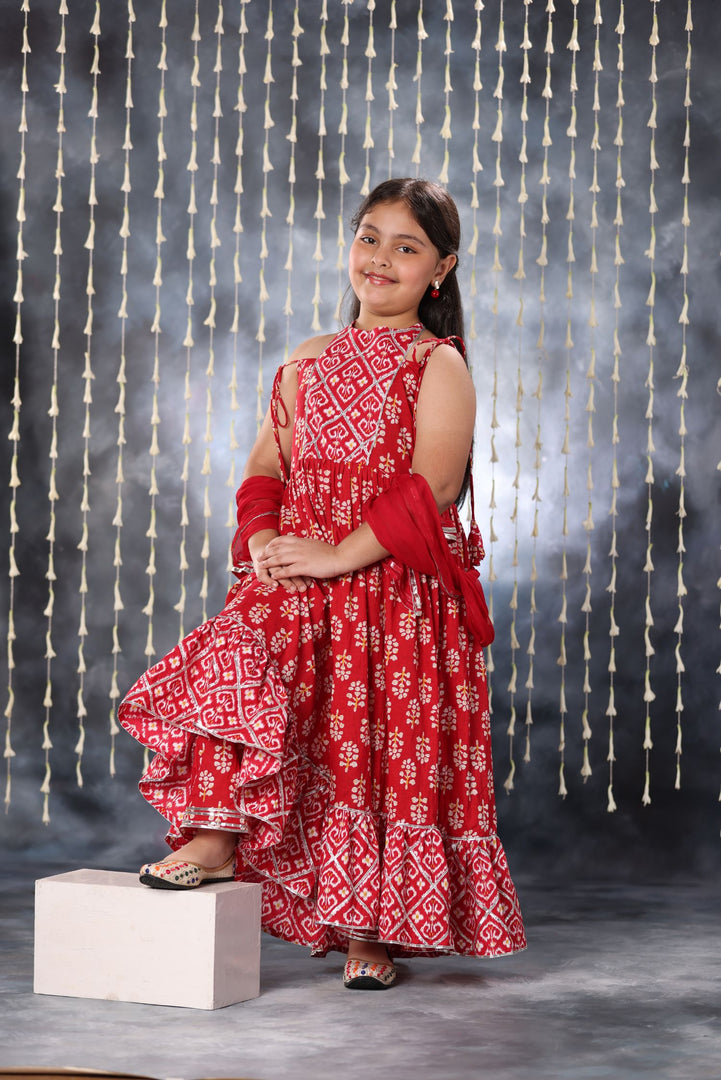 Red Jaipuri Double Print Long Kurta Frock Suit Set