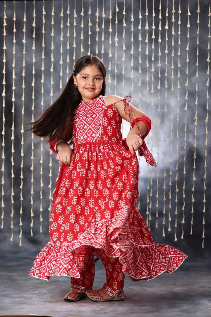 Red Jaipuri Double Print Long Kurta Frock Suit Set