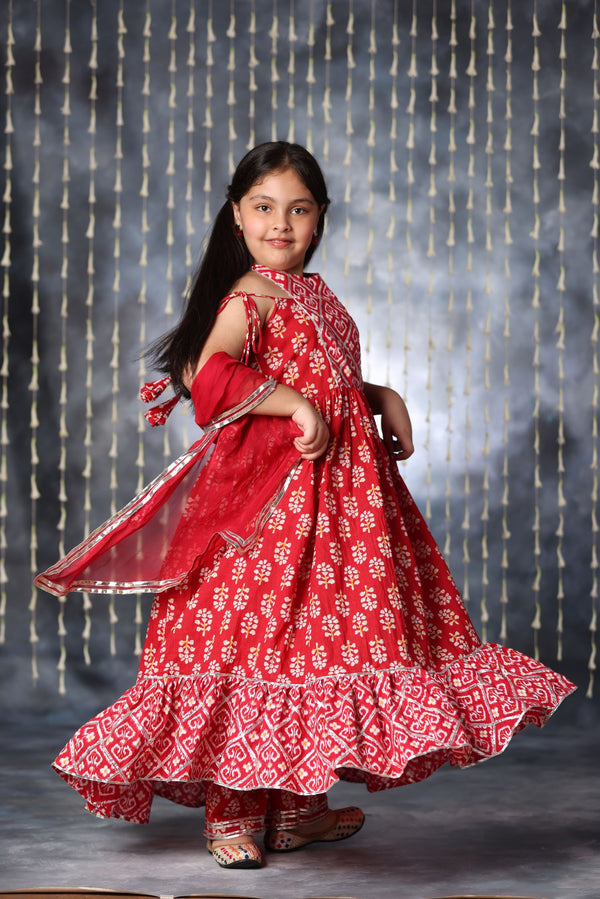 Red Jaipuri Double Print Long Kurta Frock Suit Set