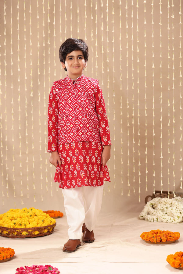 Red Jaipuri Handblock Floral Print Long Kurta Co-ord Set with Red Ikat Print Jacket