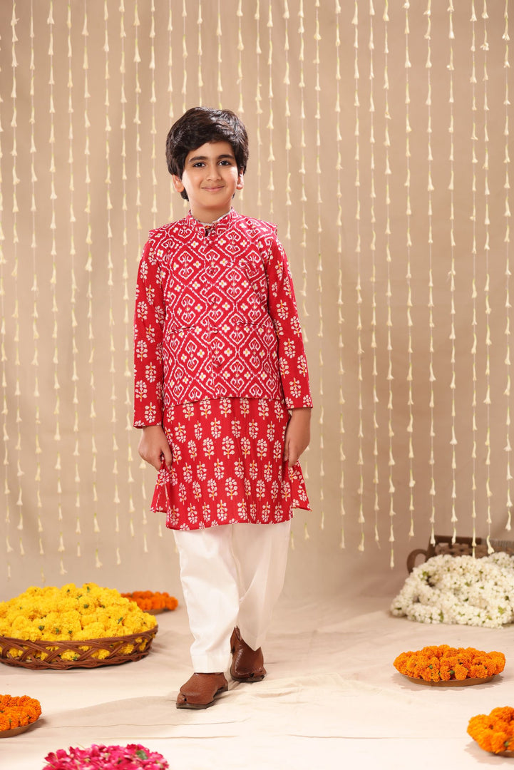 Red Jaipuri Handblock Floral Print Long Kurta Co-ord Set with Red Ikat Print Jacket