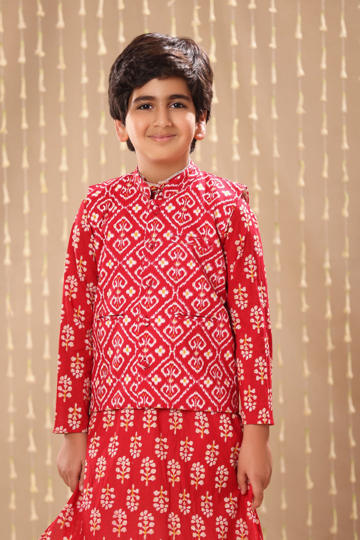 Red Jaipuri Handblock Floral Print Long Kurta Co-ord Set with Red Ikat Print Jacket