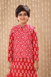 Red Jaipuri Handblock Floral Print Long Kurta Co-ord Set with Red Ikat Print Jacket