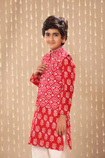 Load image into Gallery viewer, Red Jaipuri Handblock Floral Print Long Kurta Co-ord Set with Red Ikat Print Jacket
