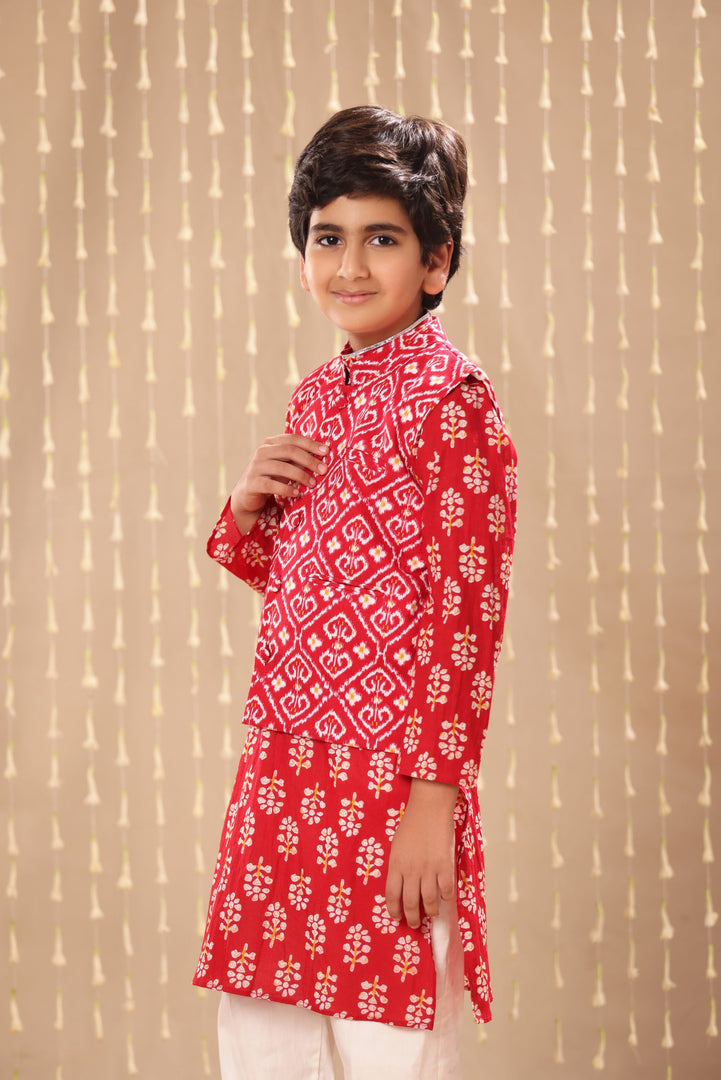 Red Jaipuri Handblock Floral Print Long Kurta Co-ord Set with Red Ikat Print Jacket