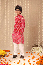 Load image into Gallery viewer, Red Jaipuri Handblock Ikat Print Long Kurta Co-ord Set with Red Floral Print Jacket
