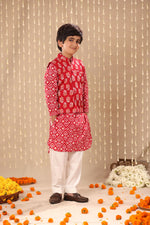 Load image into Gallery viewer, Red Jaipuri Handblock Ikat Print Long Kurta Co-ord Set with Red Floral Print Jacket
