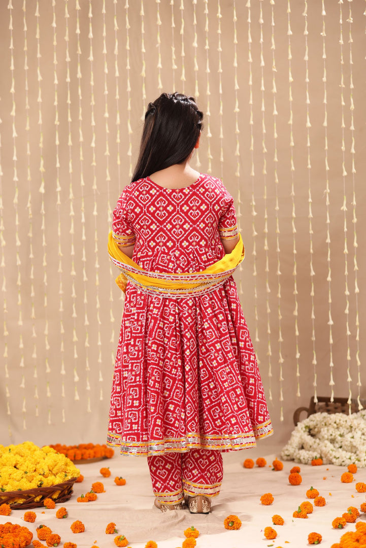 Red Jaipuri Ikat Print High-Low Anarkarli with Pant Suit Set