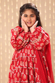 Red Jaipuri Print Balloon Sleeve Maxi with Pant Suit Set