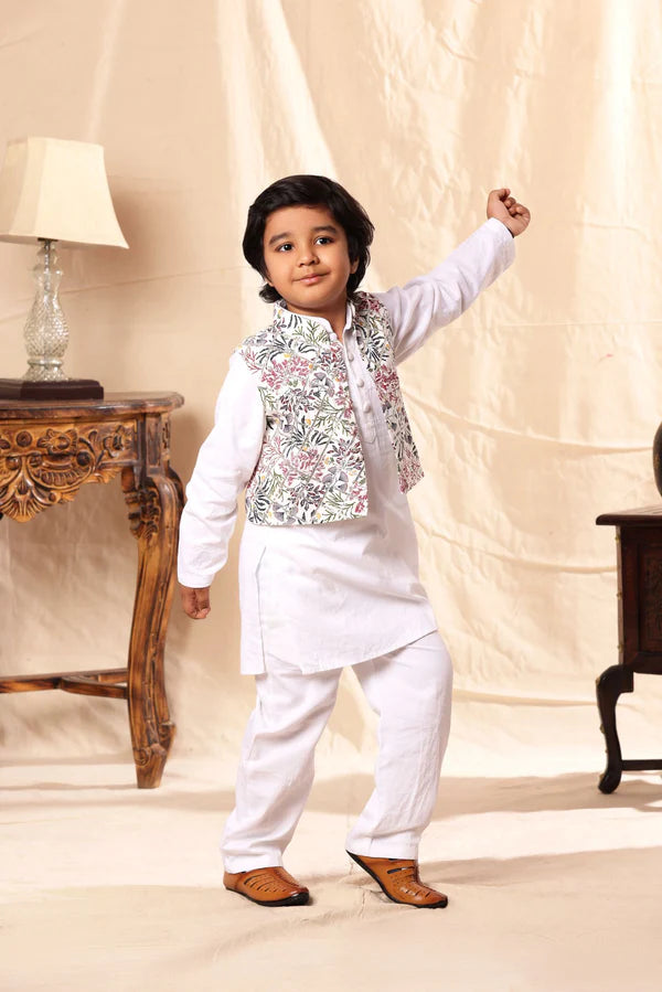 White Floral Print Jacket with White Kurta Co-ord Set