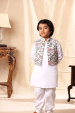 Load image into Gallery viewer, White Floral Print Jacket with White Kurta Co-ord Set