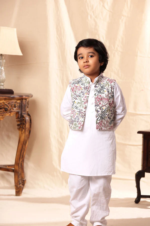 White Floral Print Jacket with White Kurta Co-ord Set