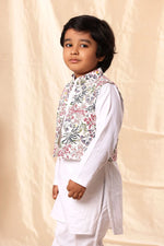 Load image into Gallery viewer, White Floral Print Jacket with White Kurta Co-ord Set