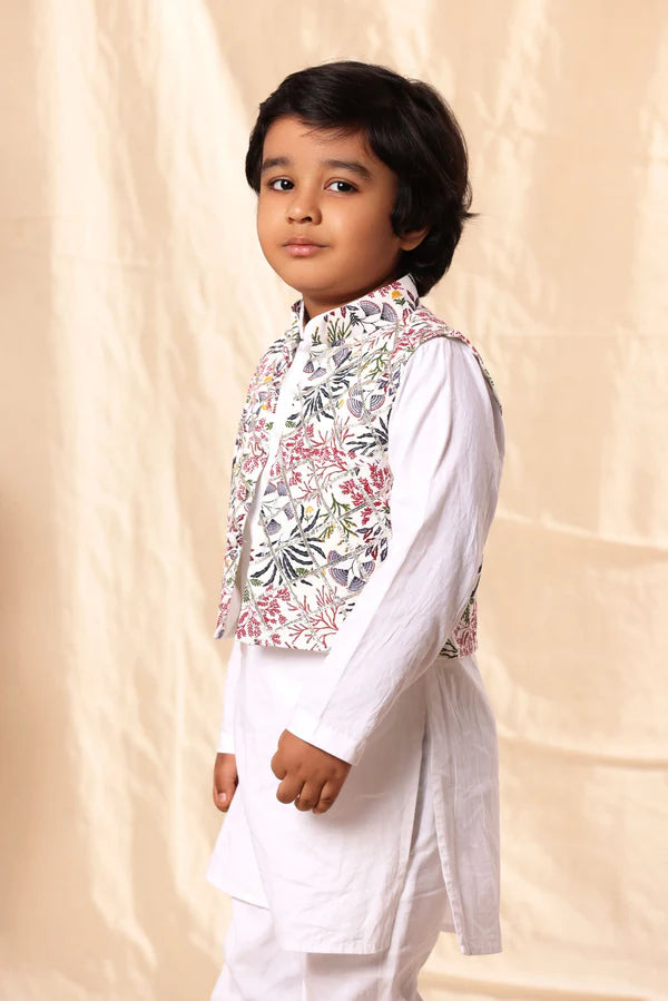 White Floral Print Jacket with White Kurta Co-ord Set