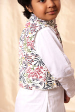 Load image into Gallery viewer, White Floral Print Jacket with White Kurta Co-ord Set