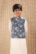 Load image into Gallery viewer, White Kurta Pyjama Co-ord Set with Blue Jaipuri Floral Print Jacket
