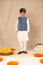 Load image into Gallery viewer, White Kurta Pyjama Co-ord Set with Blue Jaipuri Buti Print Jacket
