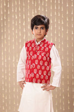 Load image into Gallery viewer, White Kurta Pyjama Co-ord Set with Red Jaipuri Floral Print Jacket
